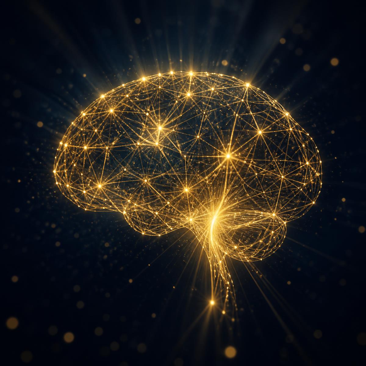 Golden neural network of glowing connected nodes on deep navy — AI intelligence visual